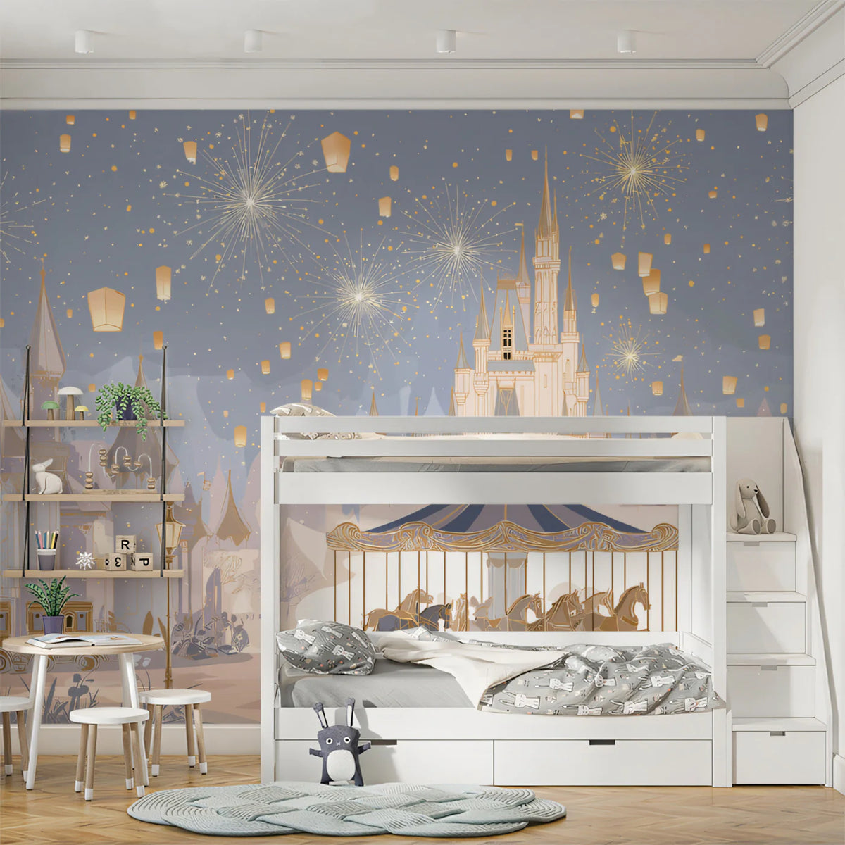 Enchanted Castle Carousel Mural Wallpaper — Whimsical Night Scene Mural Wallpaper - room preview 02
