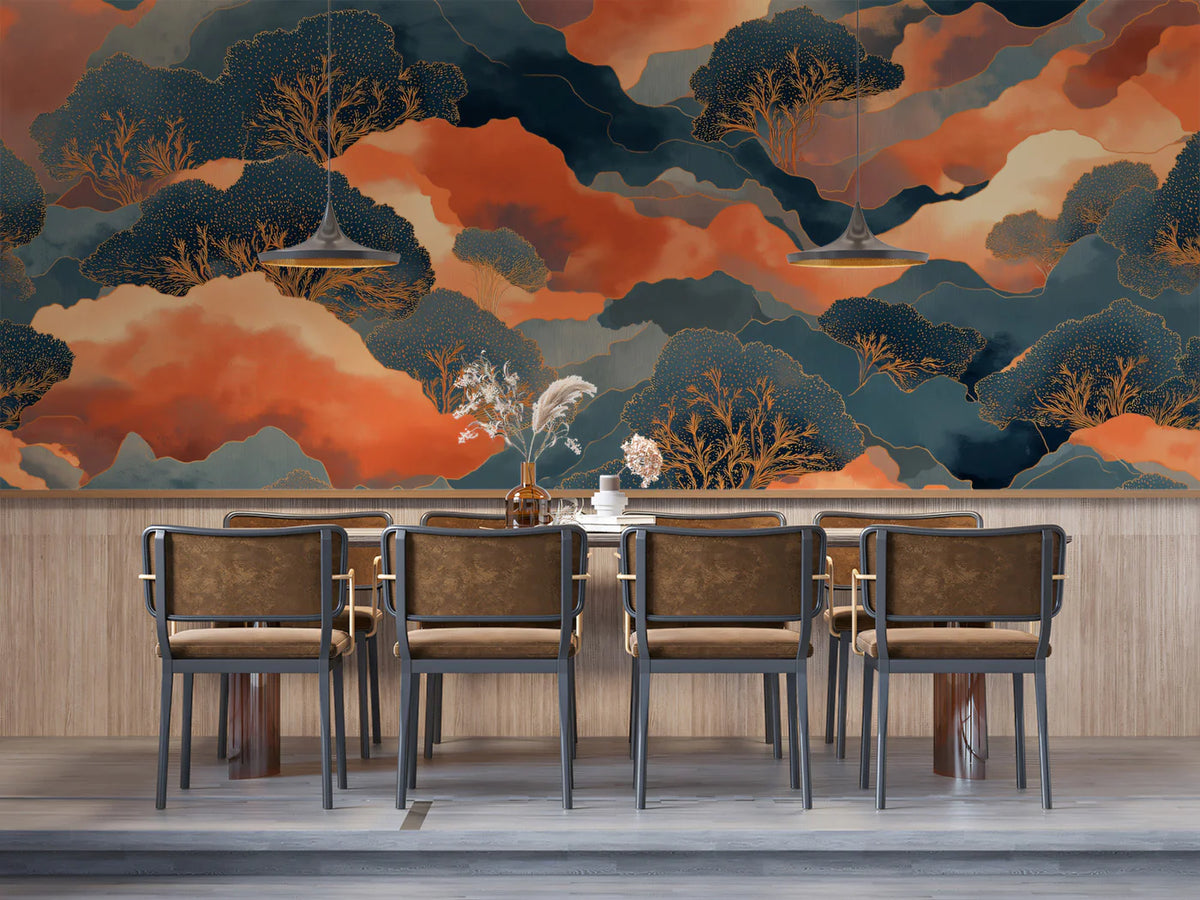 Abstract Sunset Landscape Mural Wallpaper in Teal and Burnt Orange Mural Wallpaper - room preview 02