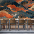 Abstract Sunset Landscape Mural Wallpaper in Teal and Burnt Orange Mural Wallpaper - room preview 02
