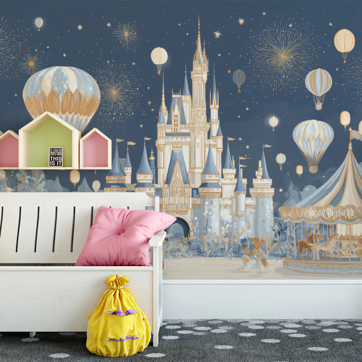 Midnight Castle and Carnival Mural Wallpaper in Blue and Gold Mural Wallpaper - room preview 02