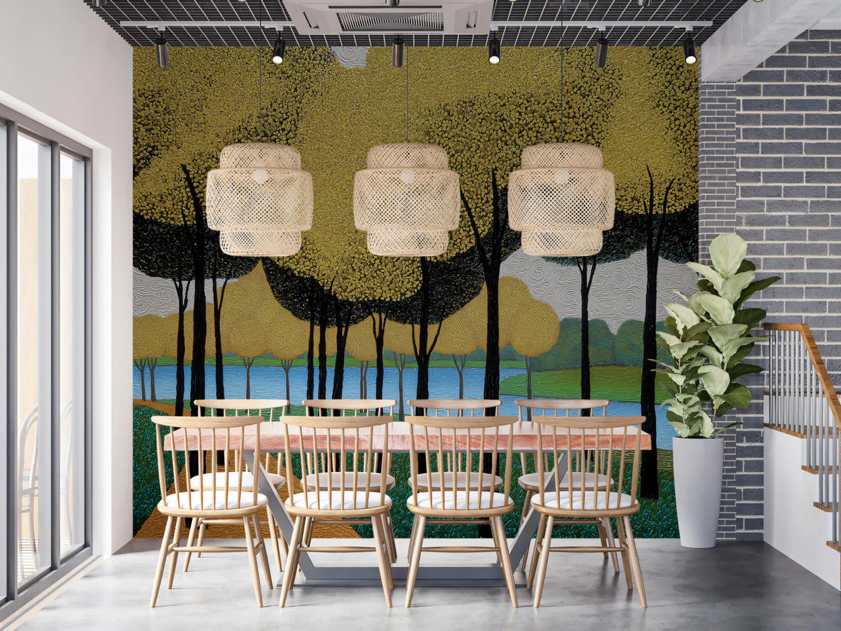 Pointillist Golden Forest Mural Wallpaper — Impressionistic Scenery Mural Wallpaper - room preview 02