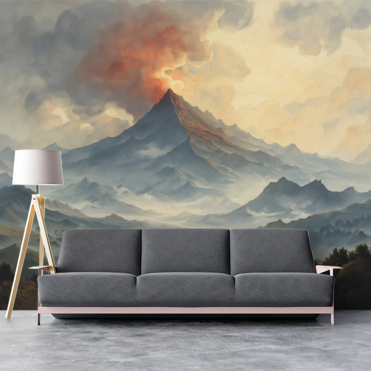 Volcanic Mountain Landscape Mural Wallpaper — Painterly Artistic Scene Mural Wallpaper - room preview 02