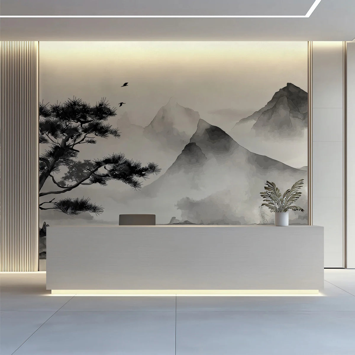 Mist-Shrouded Mountainscape Mural Wallpaper — Ink Wash Landscape Mural Wallpaper - room preview 02