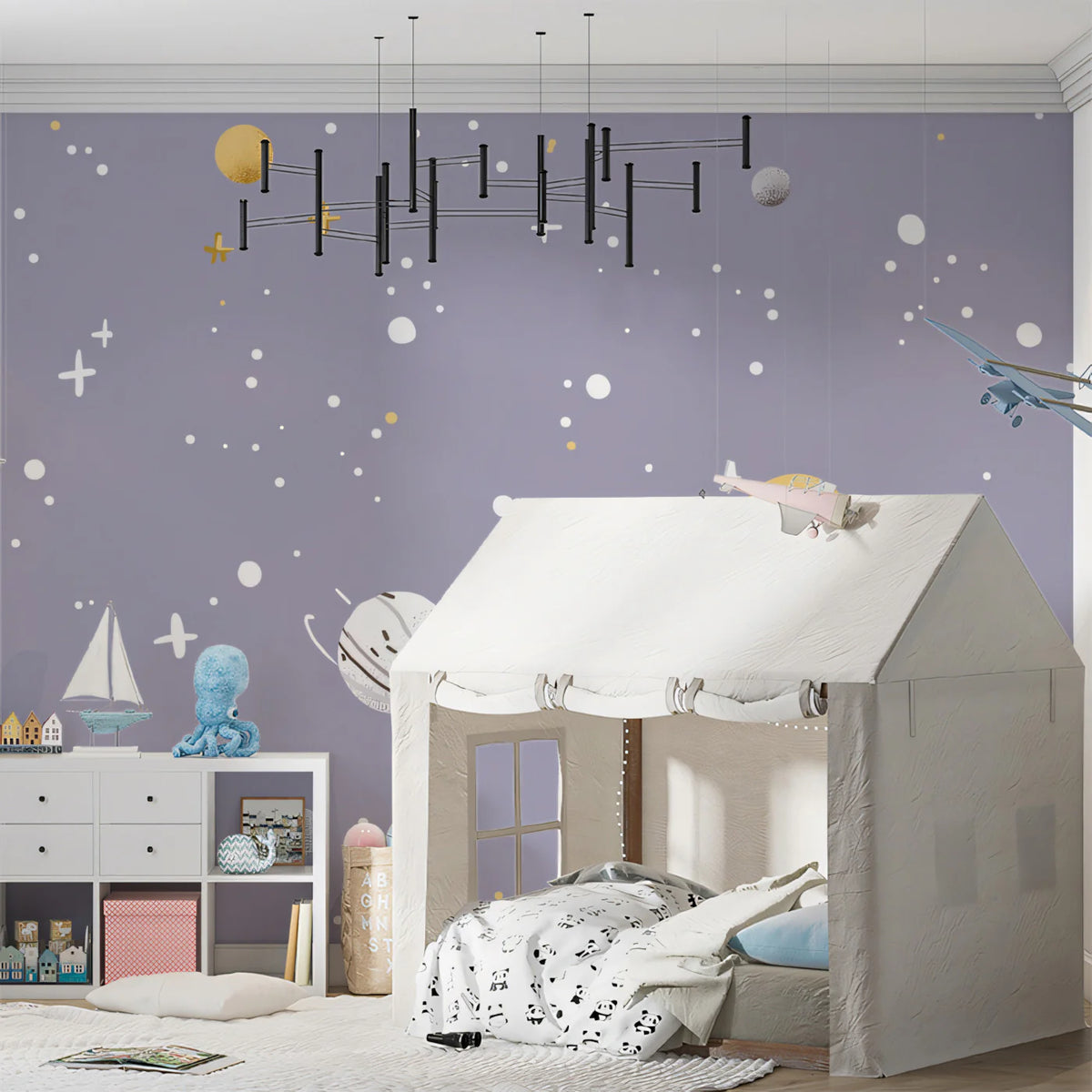 Pastel Galaxy Mural Wallpaper —Whimsical Hand-Drawn Planets Mural Wallpaper - room preview 02