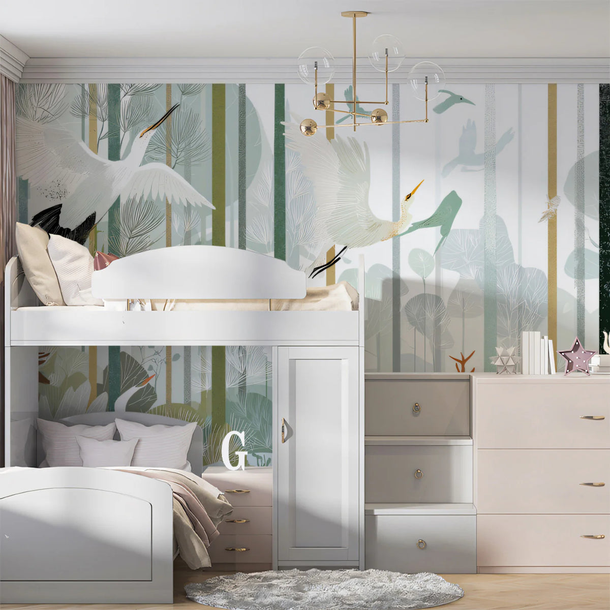 Egrets and Forest Wetlands Mural Wallpaper — Ethereal Nature Scene Mural Wallpaper - room preview 02