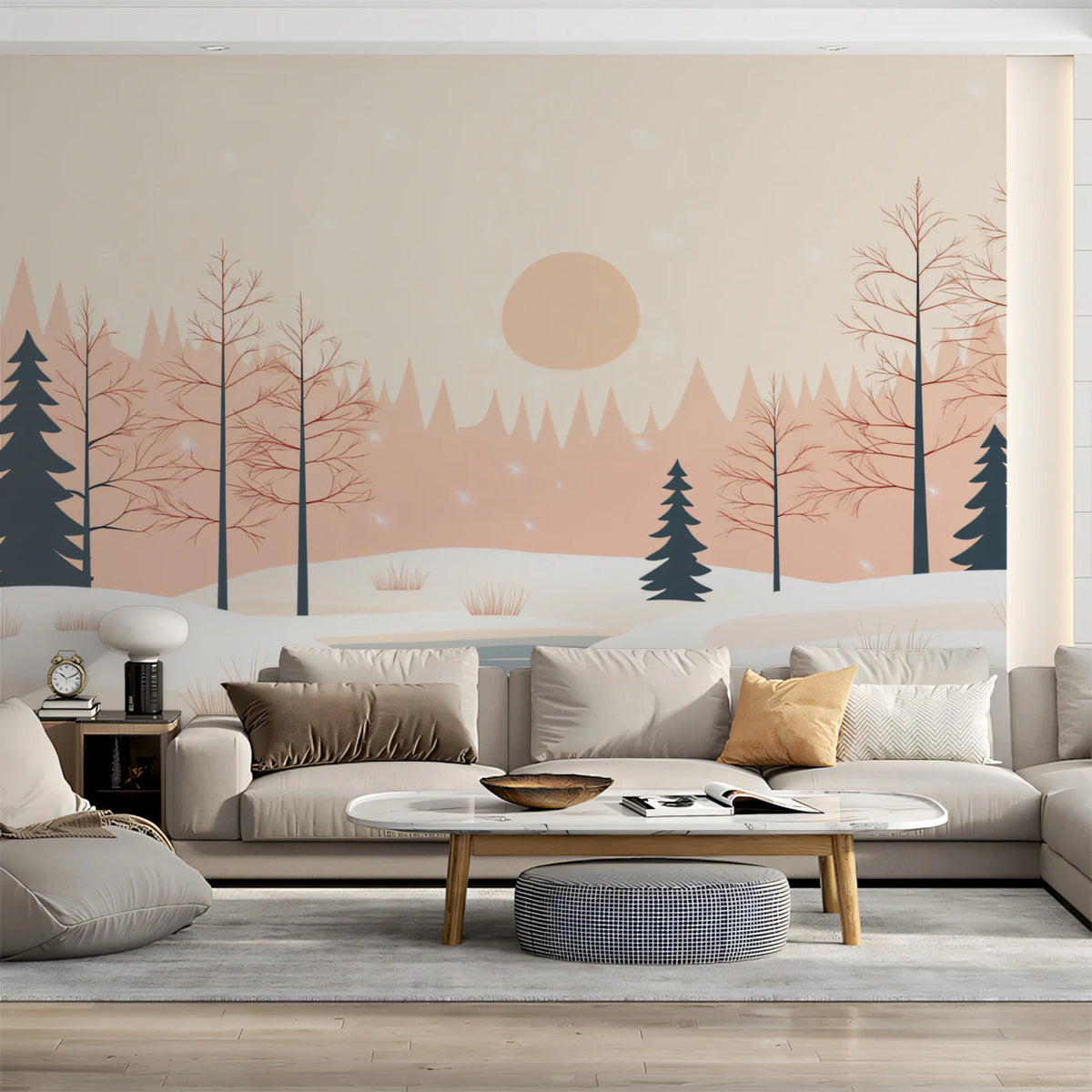 Minimalist Winter Landscape Mural Wallpaper — Soft Peach and Charcoal Mural Wallpaper - room preview 02