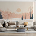 Minimalist Winter Landscape Mural Wallpaper — Soft Peach and Charcoal Mural Wallpaper - room preview 02
