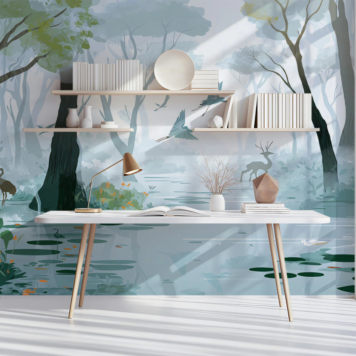 Misty Wetland Wildlife Mural Wallpaper — Ethereal Nature Scene Mural Wallpaper - room preview 02