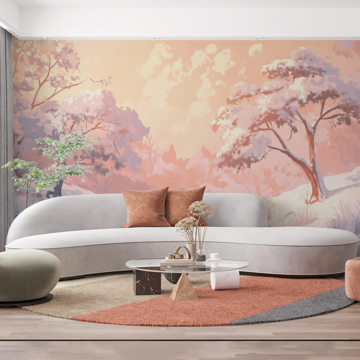 Snowy Peach Blossom Valley Mural Wallpaper — Dreamy Pastel Landscape Mural Wallpaper - room preview 02