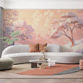 Snowy Peach Blossom Valley Mural Wallpaper — Dreamy Pastel Landscape Mural Wallpaper - room preview 02