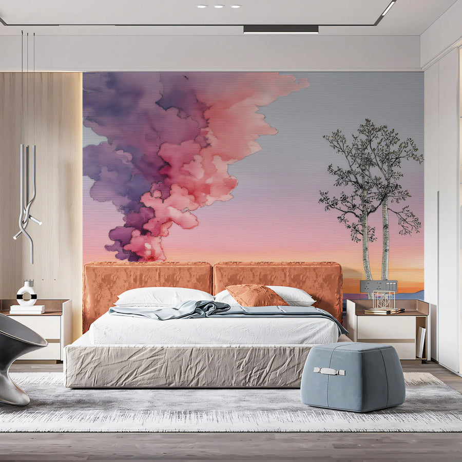 Papier peint fresque Montagne Coucher de soleil à l'aquarelle — Papier peint fresque Paysage de lac onirique