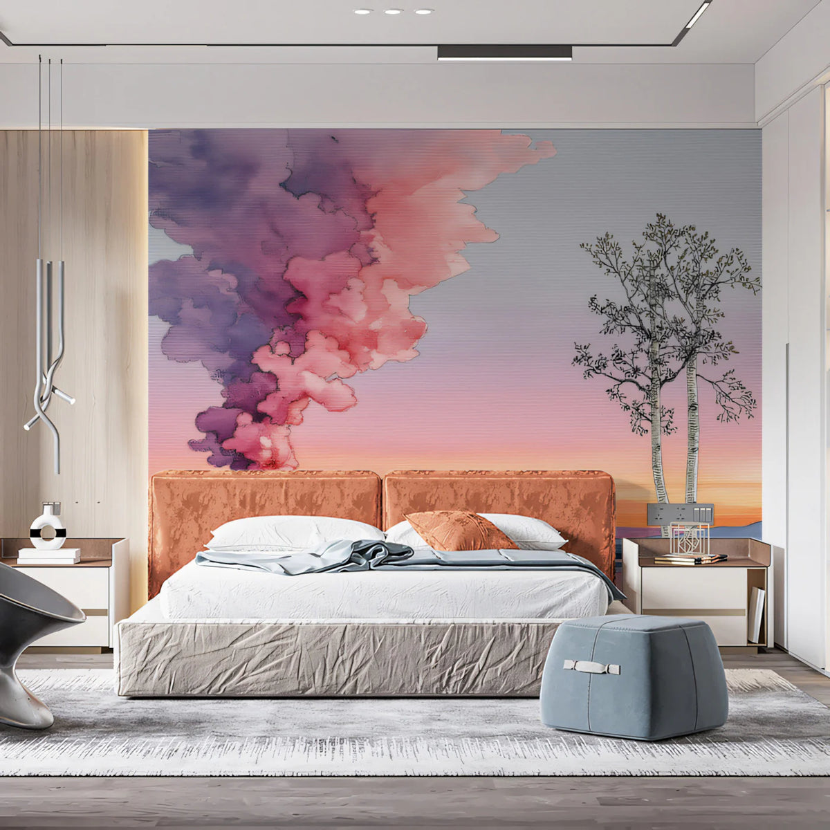 Watercolor Sunset Mountain Mural Wallpaper — Dreamy Lakeside Landscape Mural Wallpaper - room preview 02
