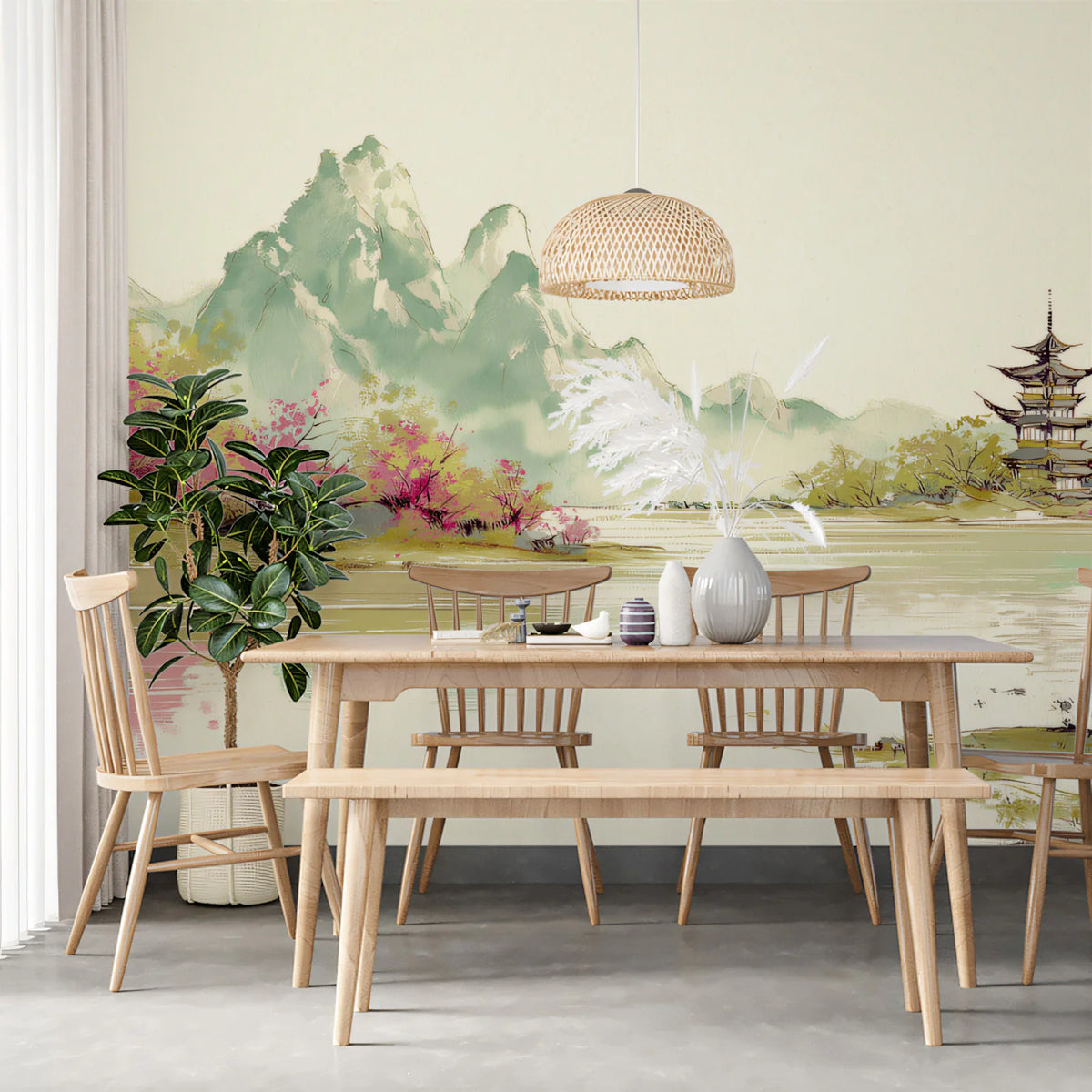Zen Pagoda Landscape Mural Wallpaper — Painterly Ink Wash Style Mural Wallpaper - room preview 02