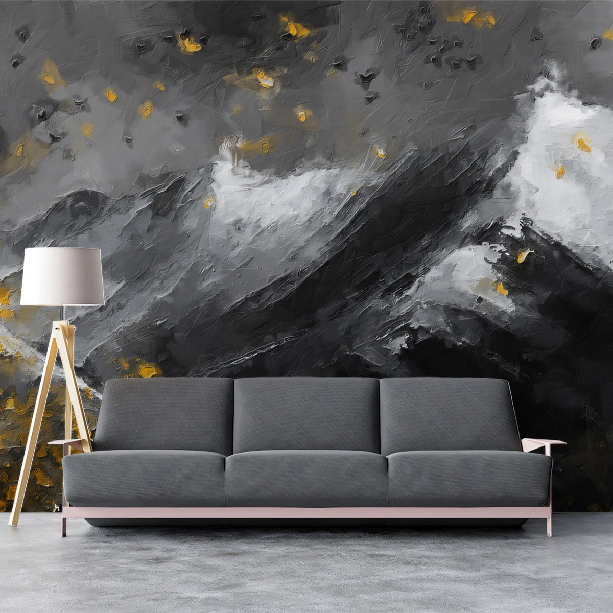 Impasto Mountain Peak Mural Wallpaper in Charcoal and Gold Mural Wallpaper - room preview 02