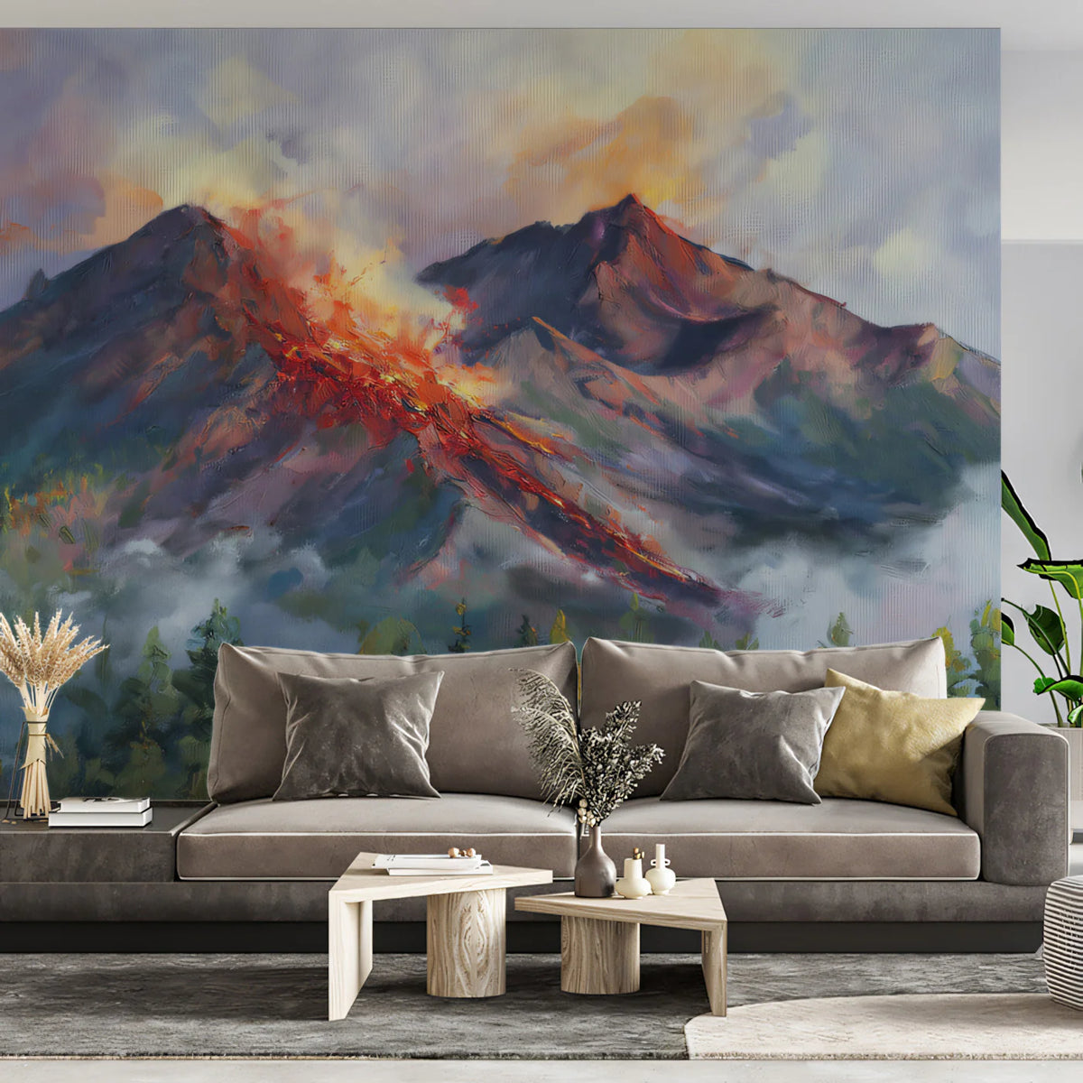 Fiery Mountain Peak Mural Wallpaper — Dramatic Oil Painting Scene Mural Wallpaper - room preview 02