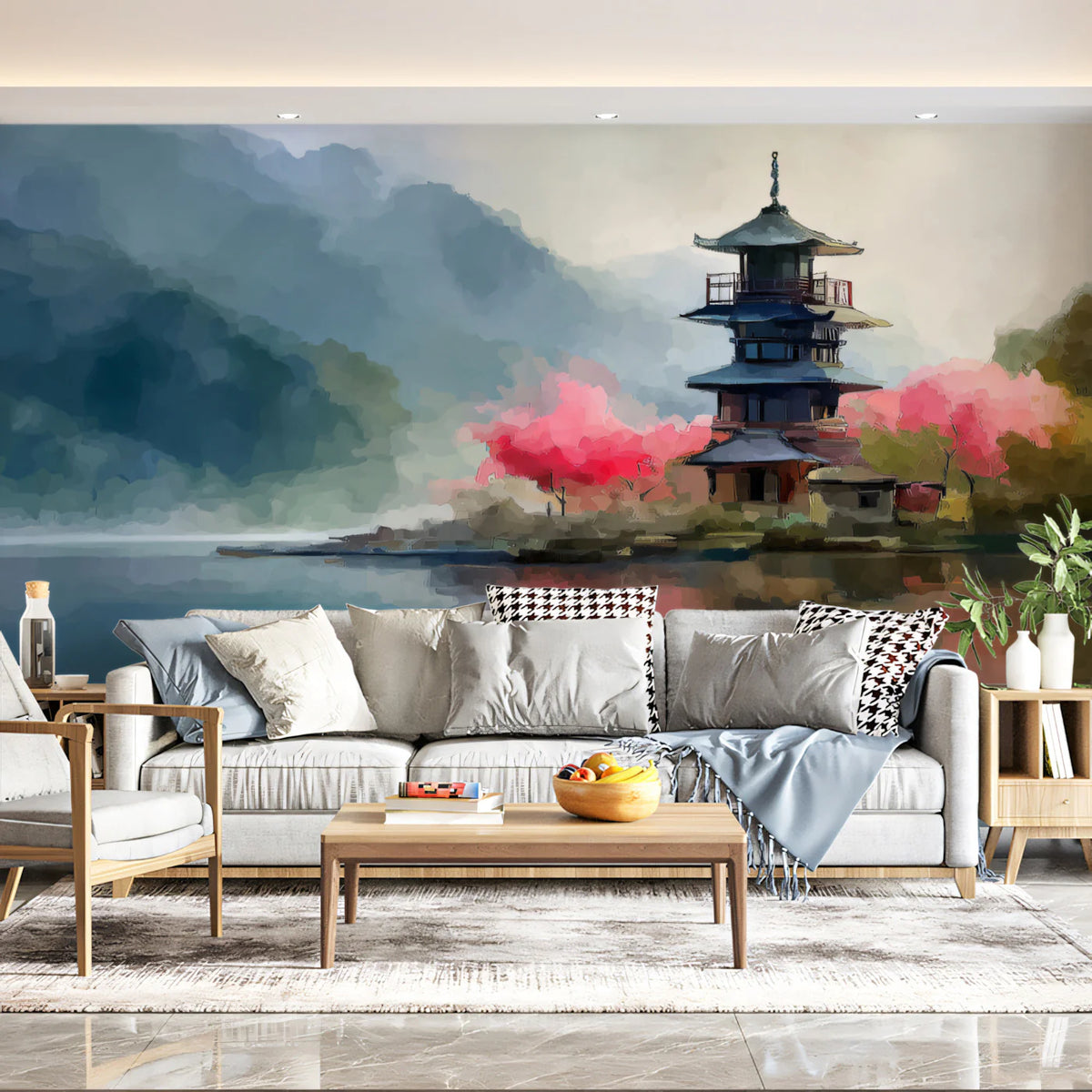 Mist-Covered Lakeside Pagoda Mural Wallpaper — Artistic Impression Mural Wallpaper - room preview 02