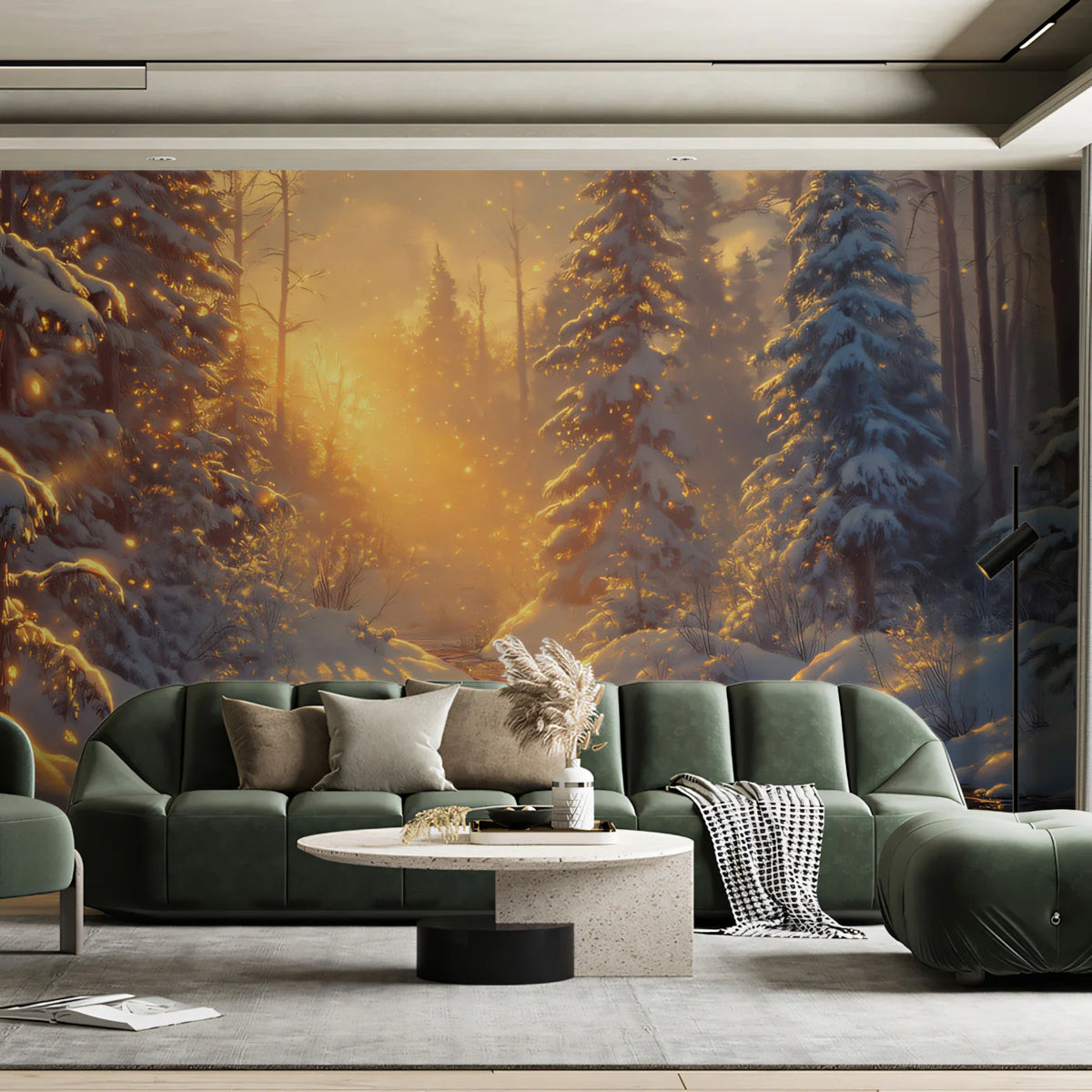 Golden Winter Forest Mural Wallpaper — Radiant Seasonal Landscape Mural Wallpaper - room preview 02
