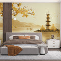 Oriental Pagoda Island Mural Wallpaper — Sepia Mountain Landscape Mural Wallpaper - room preview 02