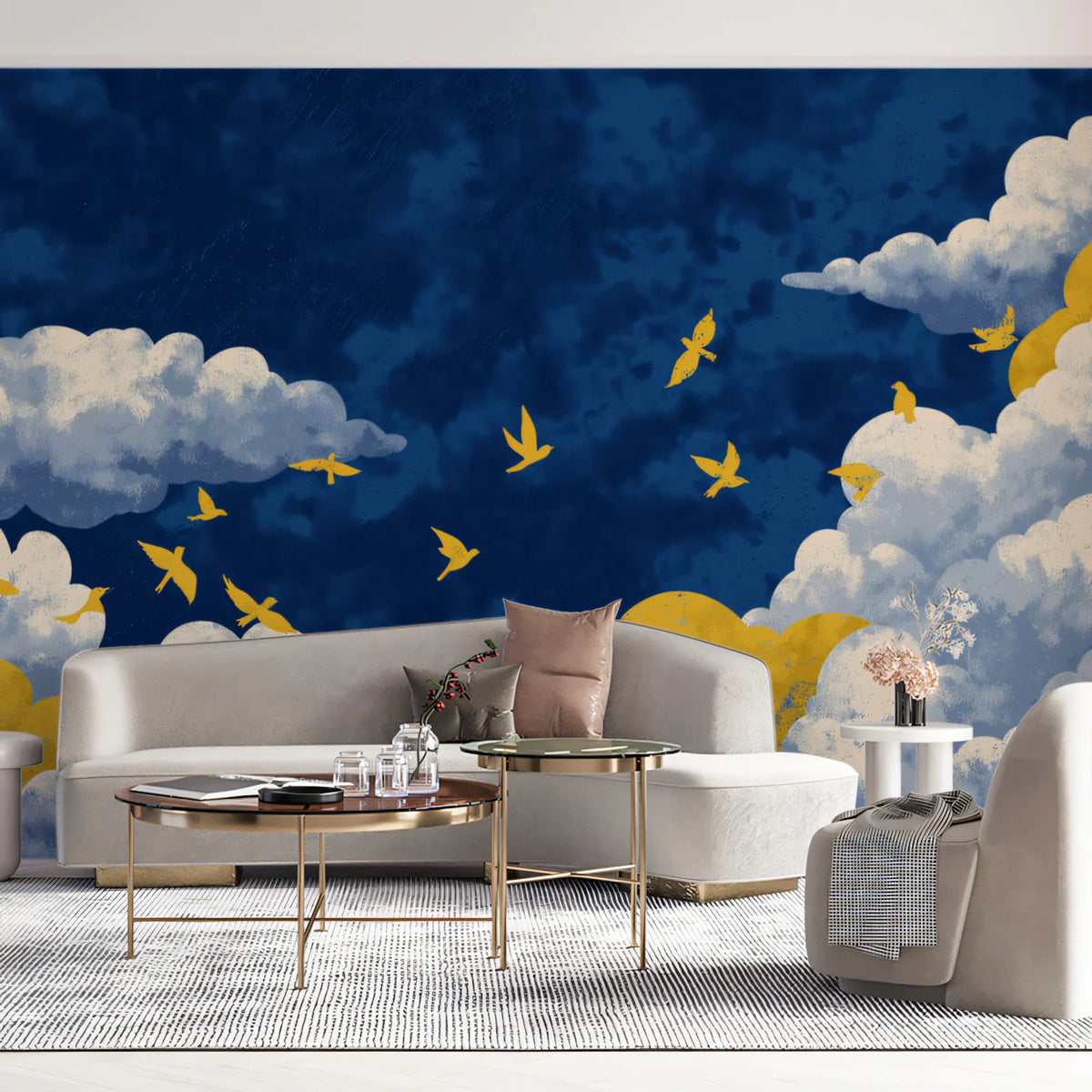Golden Swallows Mural Wallpaper — Painterly Indigo Sky Pattern Mural Wallpaper - room preview 02
