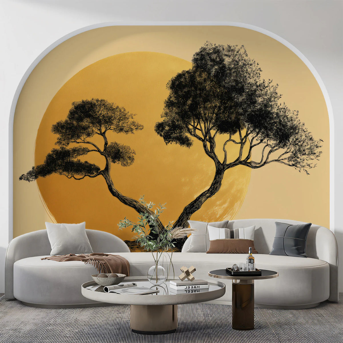 Entwined Tree Silhouette Mural Wallpaper with Golden Sun Backdrop Mural Wallpaper - room preview 02