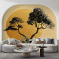 Entwined Tree Silhouette Mural Wallpaper with Golden Sun Backdrop Mural Wallpaper - room preview 02