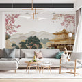 Golden Pavilion & Pink Blossom Mural Wallpaper — Oriental Landscape Mural Wallpaper - room preview 02