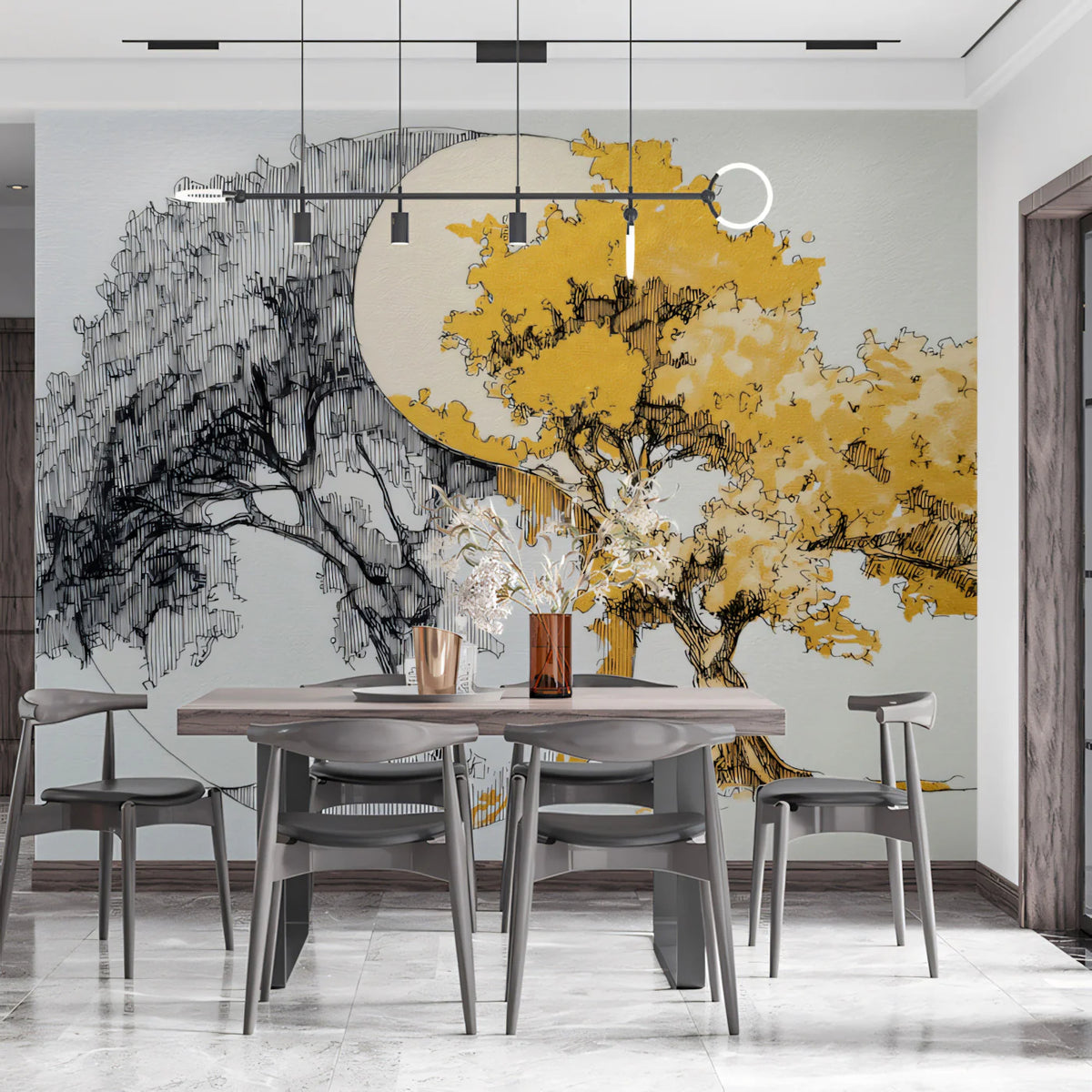 Yin-Yang Tree of Life Mural Wallpaper — Artistic Ink Sketch Mural Wallpaper - room preview 02
