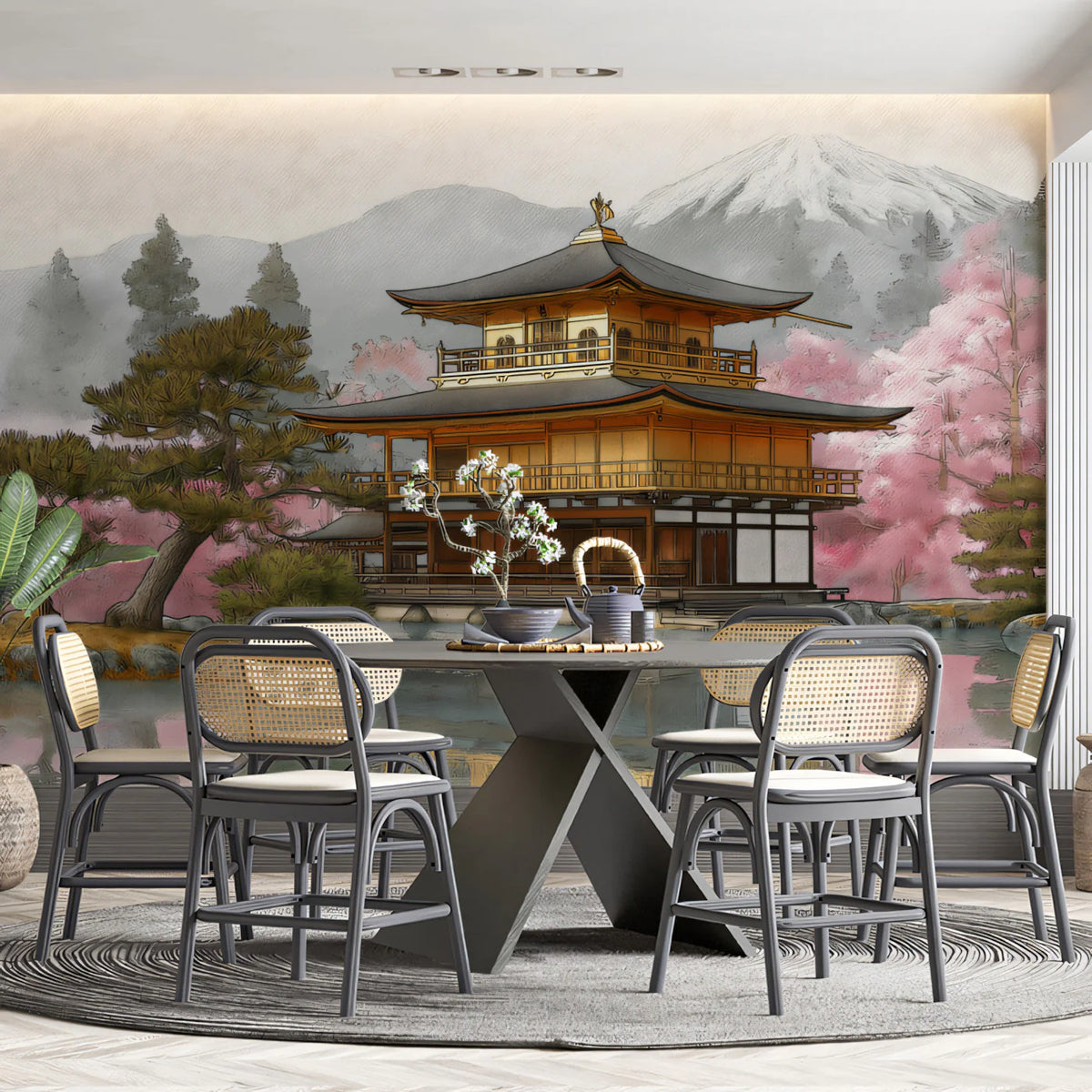Golden Pavilion Zen Landscape Mural Wallpaper — Painterly Oriental Art Mural Wallpaper - room preview 02