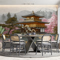 Golden Pavilion Zen Landscape Mural Wallpaper — Painterly Oriental Art Mural Wallpaper - room preview 02