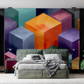 Isometric Watercolor Cube Mural Wallpaper — Modern Geometric Art Mural Wallpaper - room preview 02
