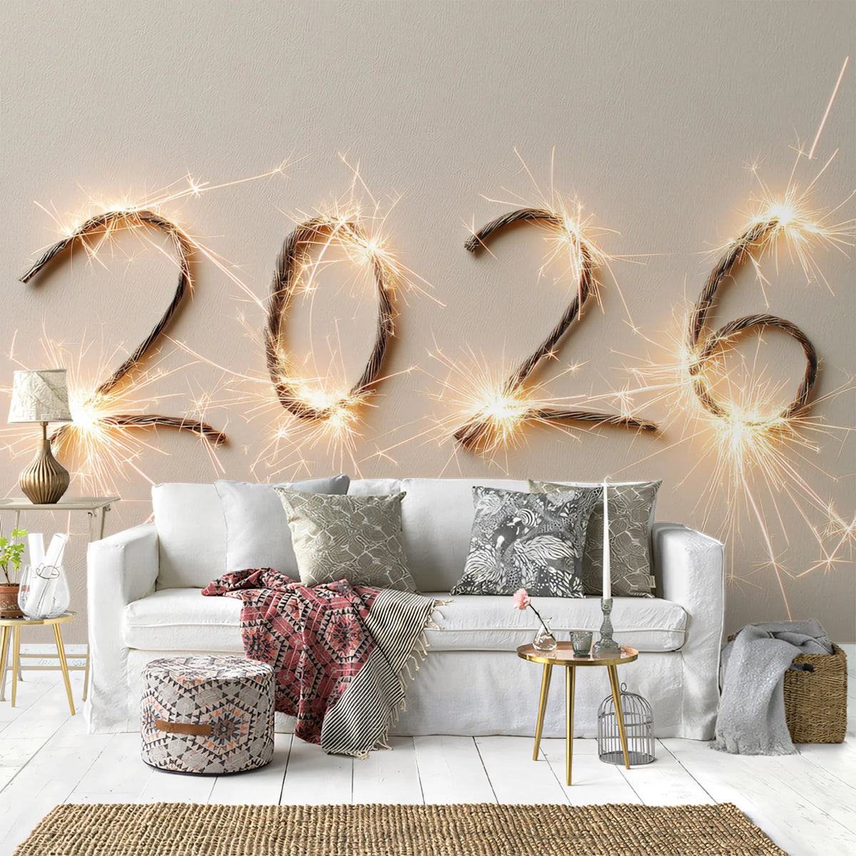 Sparkler 2026 Celebration Mural Wallpaper — Festive Minimalist Decor Mural Wallpaper - room preview 02
