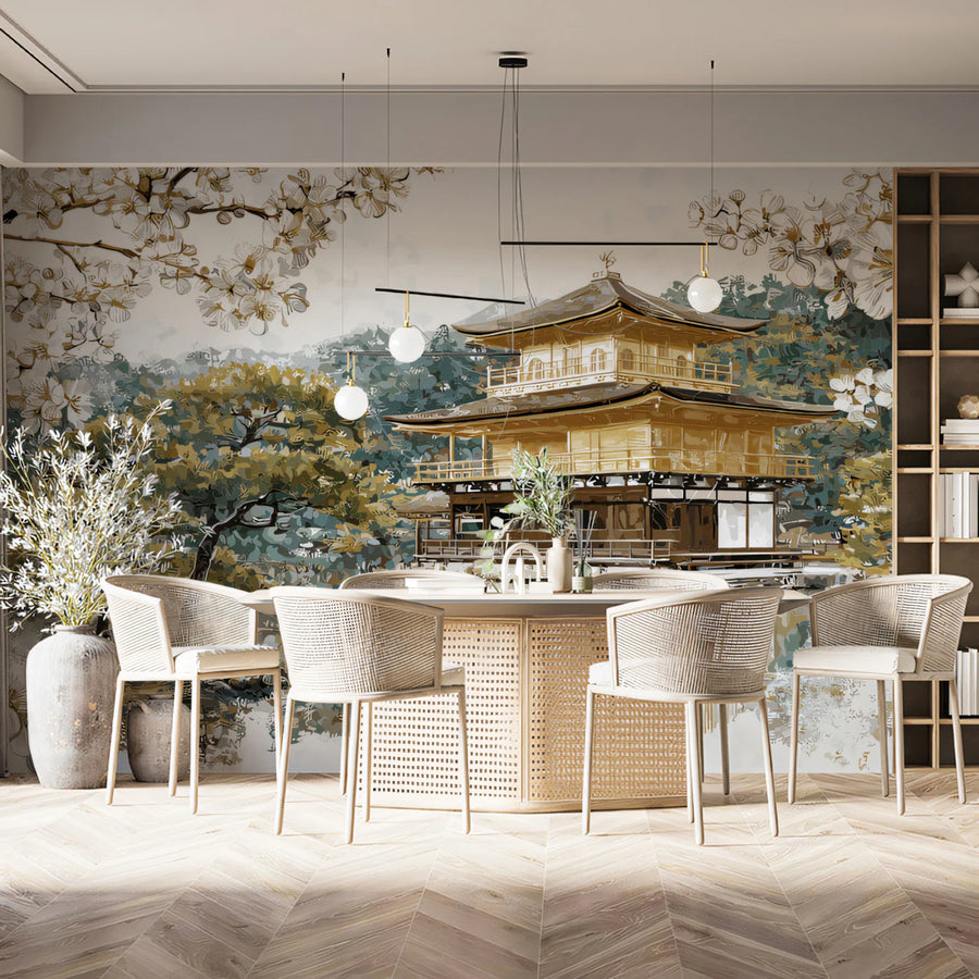 Chinoiserie Wallpaper Mural – Chinese Style Wall Mural – Golden Pavilion Oriental Garden
