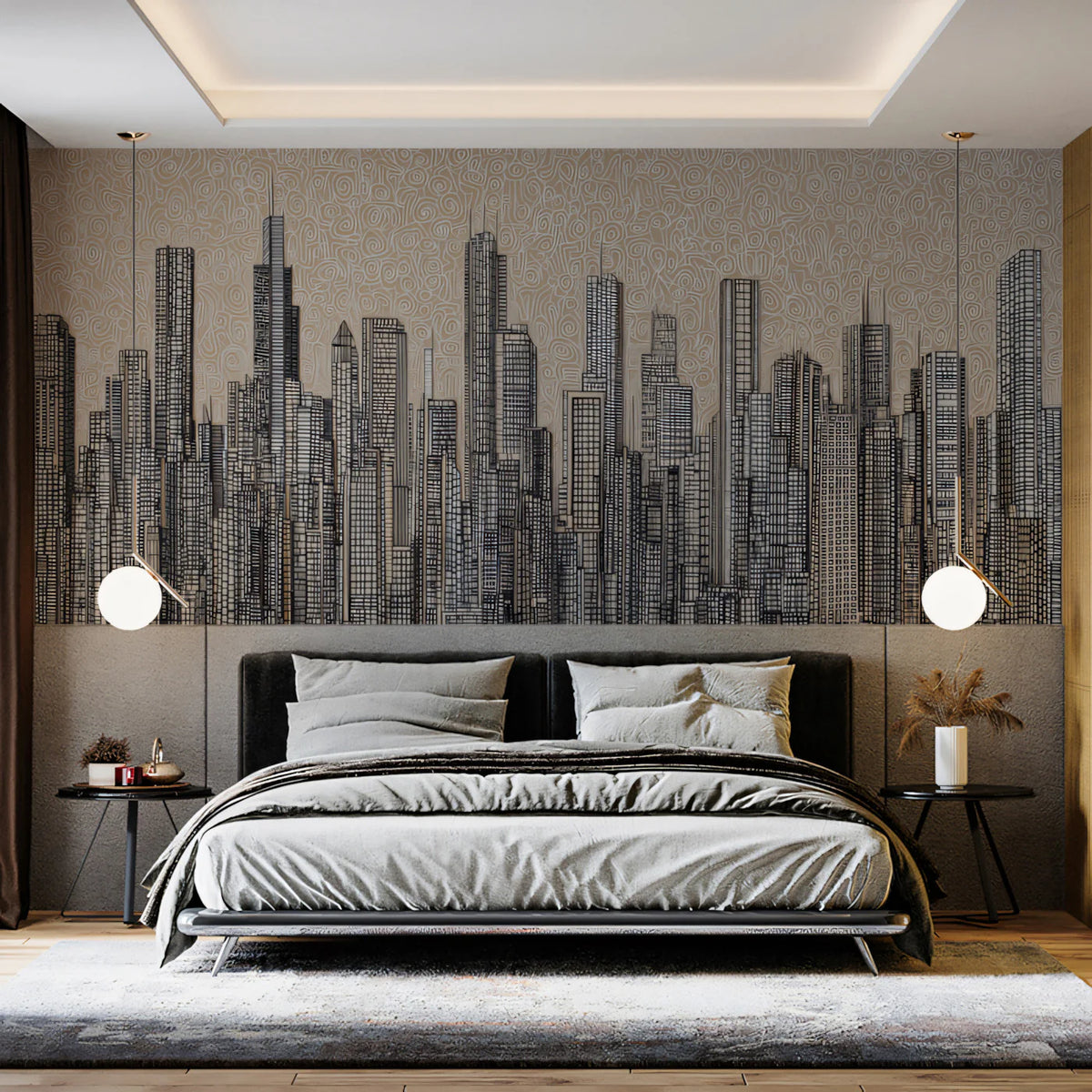 Metropolis Sketch Mural Wallpaper —Modern Architectural Line Art Mural Wallpaper - room preview 02