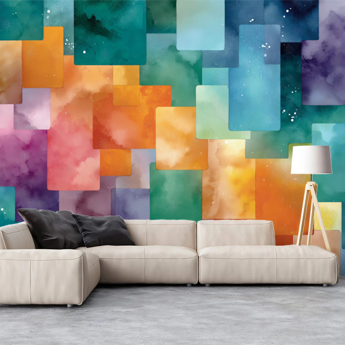 Abstract Watercolor Mosaic Mural Wallpaper — Vibrant Artistic Grid Mural Wallpaper - room preview 02