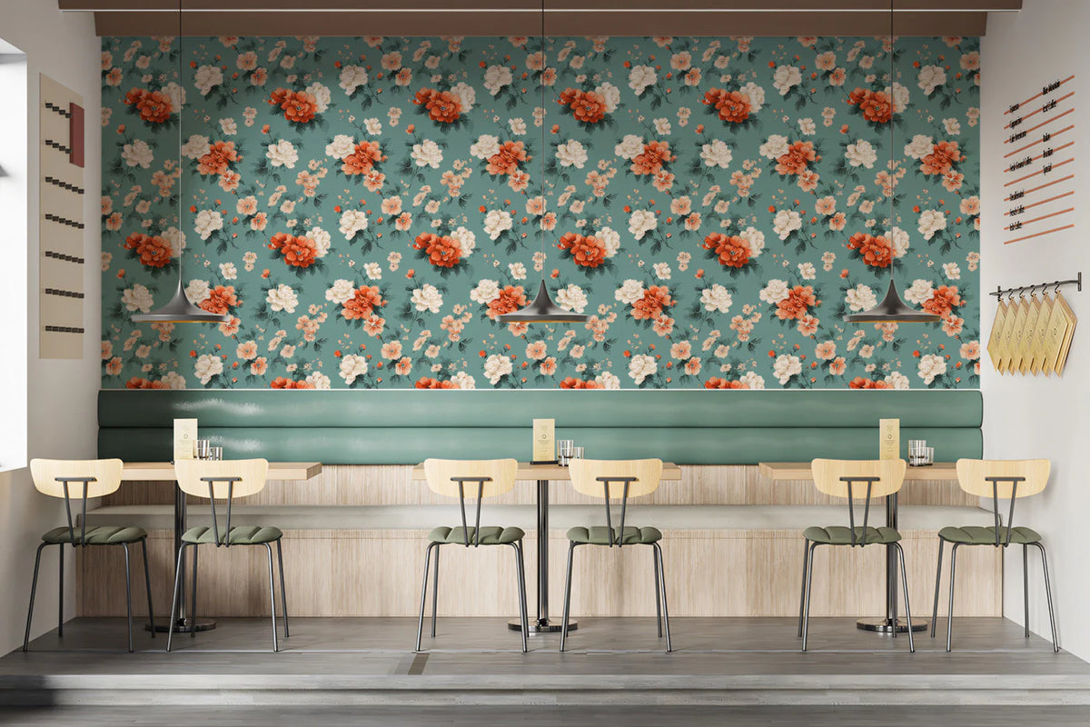 Vintage Rose Garden Floral Mural Wallpaper in Muted Teal Mural Wallpaper - room preview 02