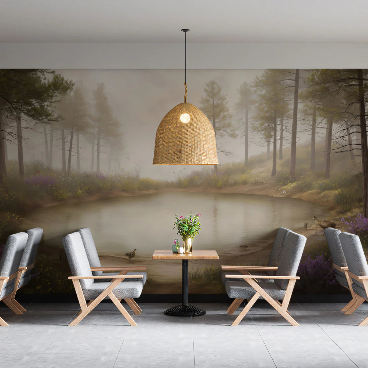 Misty Pond Forest Mural Wallpaper — Nature Landscape Scene Mural Wallpaper - room preview 02