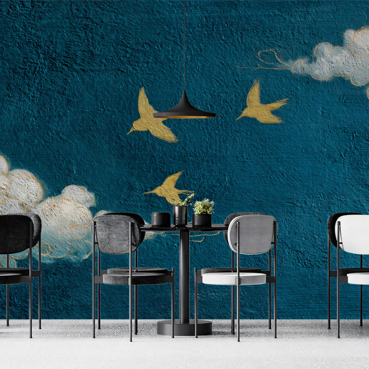 Golden Birds in Teal Sky Mural Wallpaper — Minimalist Artistic Style Mural Wallpaper - room preview 02