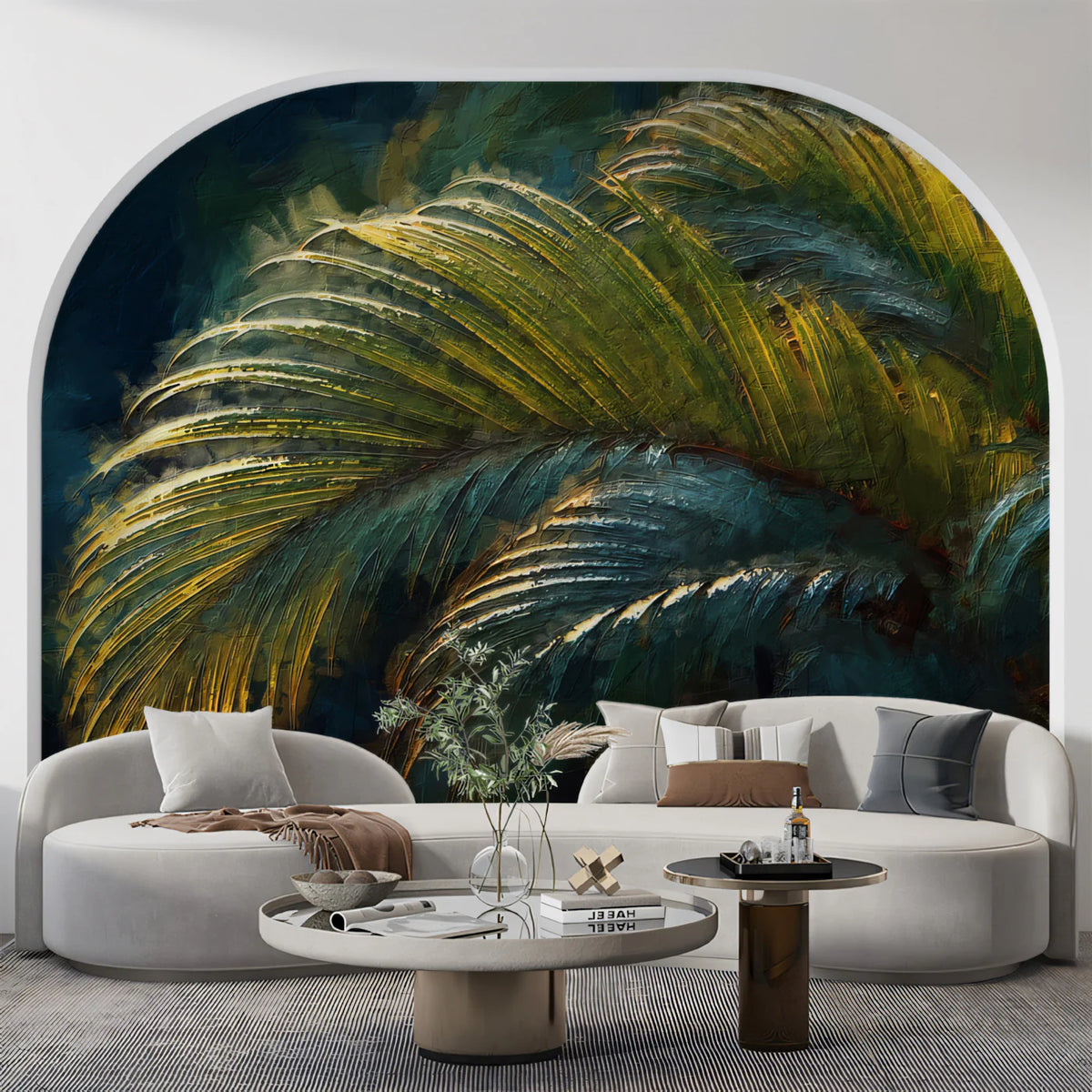 Impressionist Palm Leaf Mural Wallpaper — Moody Jungle Art Mural Wallpaper - room preview 02