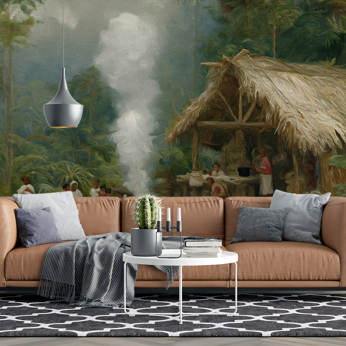 Jungle Settlement Oil Painting Mural Wallpaper — Impressionist Art Mural Wallpaper - room preview 02