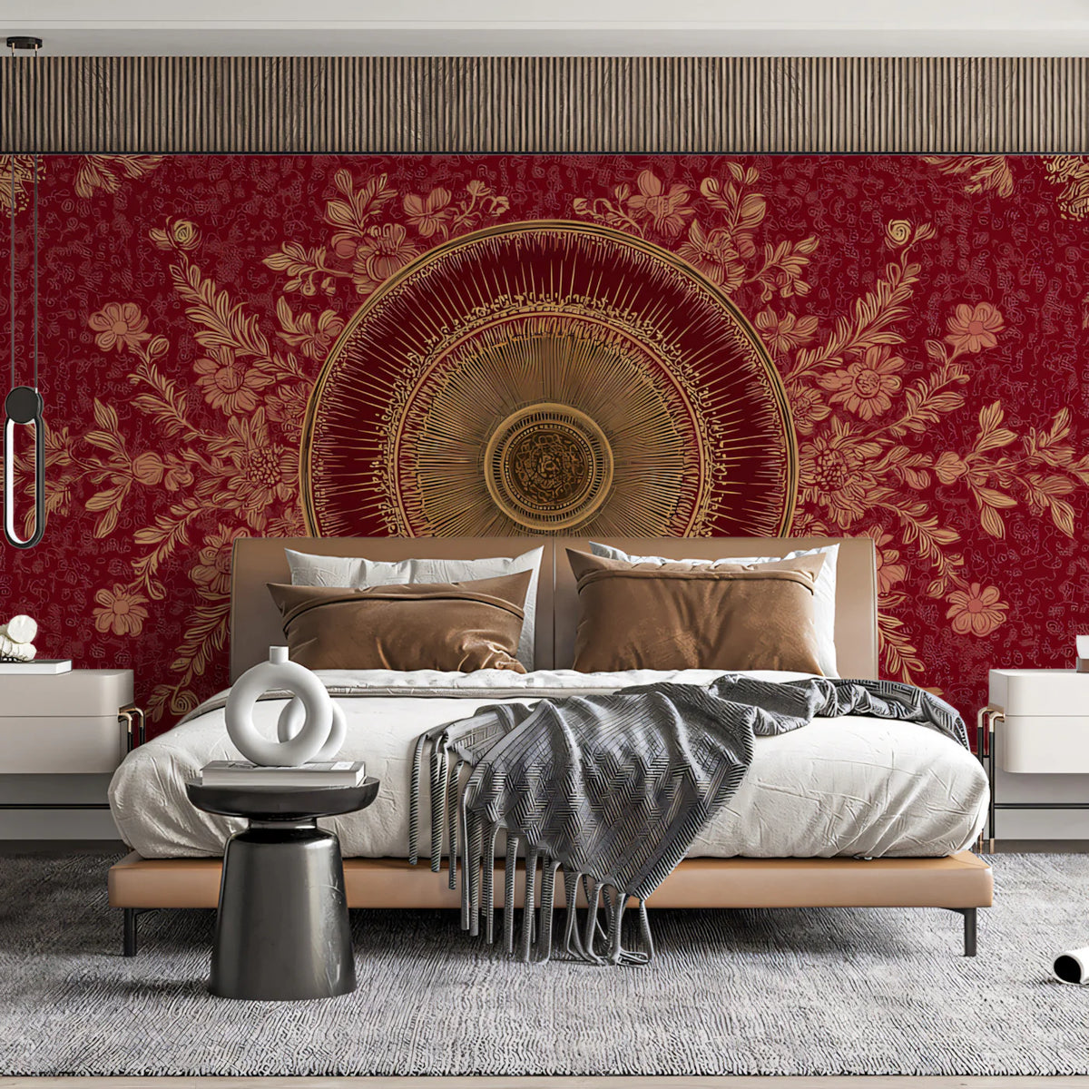 Crimson and Gold Mandala Mural Wallpaper — Royal Floral Pattern Mural Wallpaper - room preview 02
