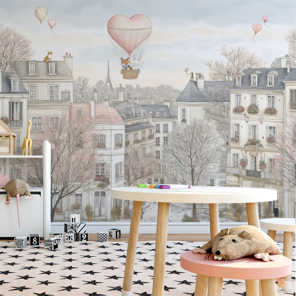 Parisian Sketch Townscape Mural Wallpaper — Soft Pink and Cream Mural Wallpaper - room preview 02