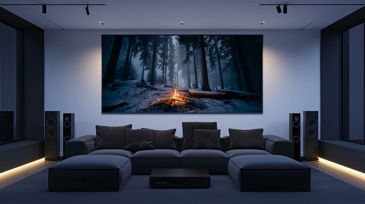 Midnight Campfire Winter Forest Mural Wallpaper —Moody Nature Mural Wallpaper - room preview 02