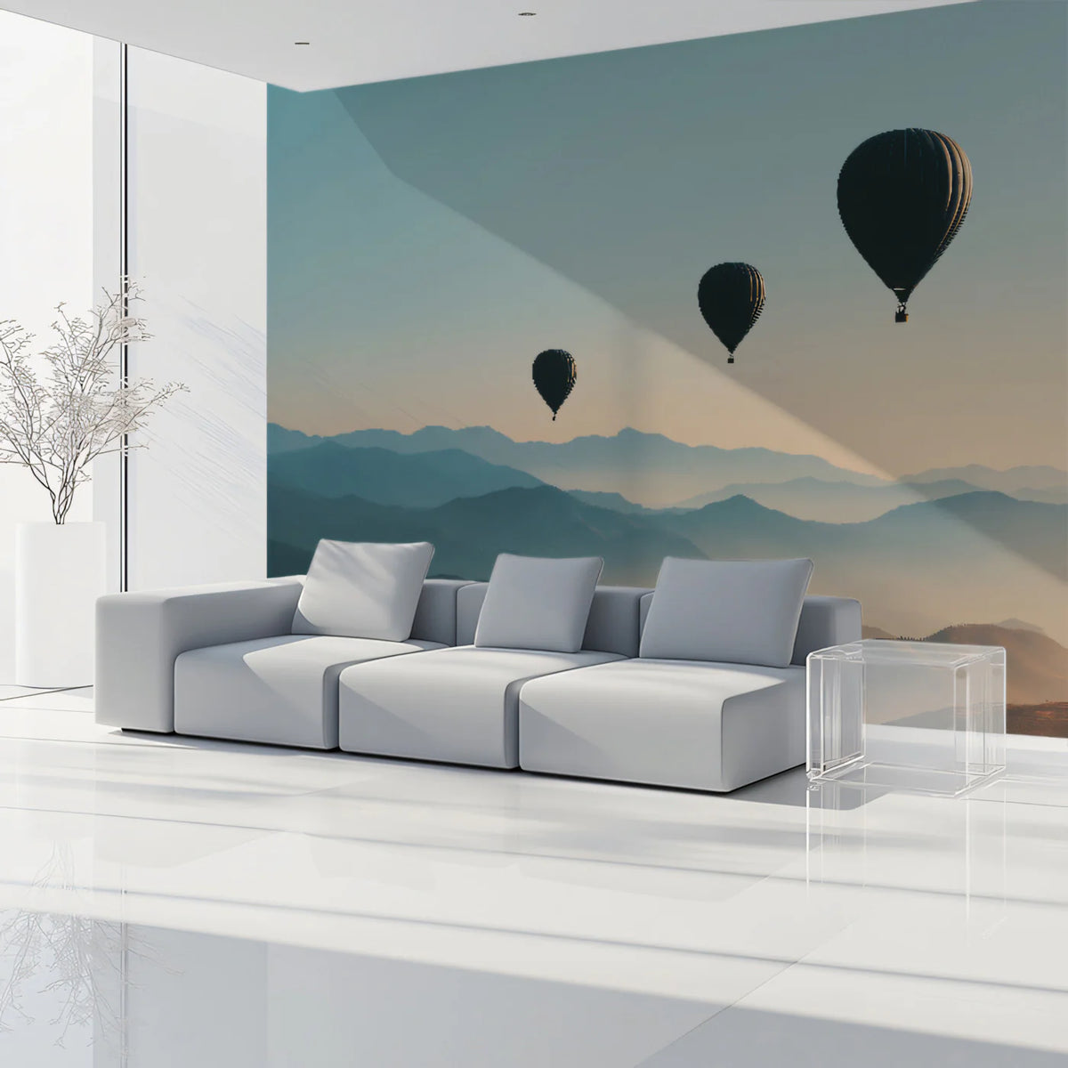 Floating Hot Air Balloons Over Misty Mountains Mural Wallpaper - room preview 02