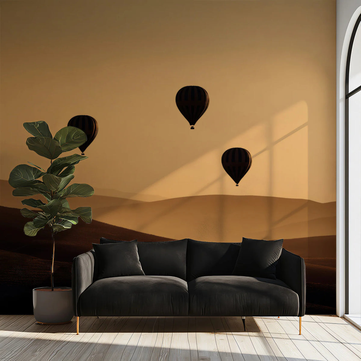 Hot Air Balloon Sunset Hills Mural Wallpaper — Minimalist Landscape Mural Wallpaper - room preview 02