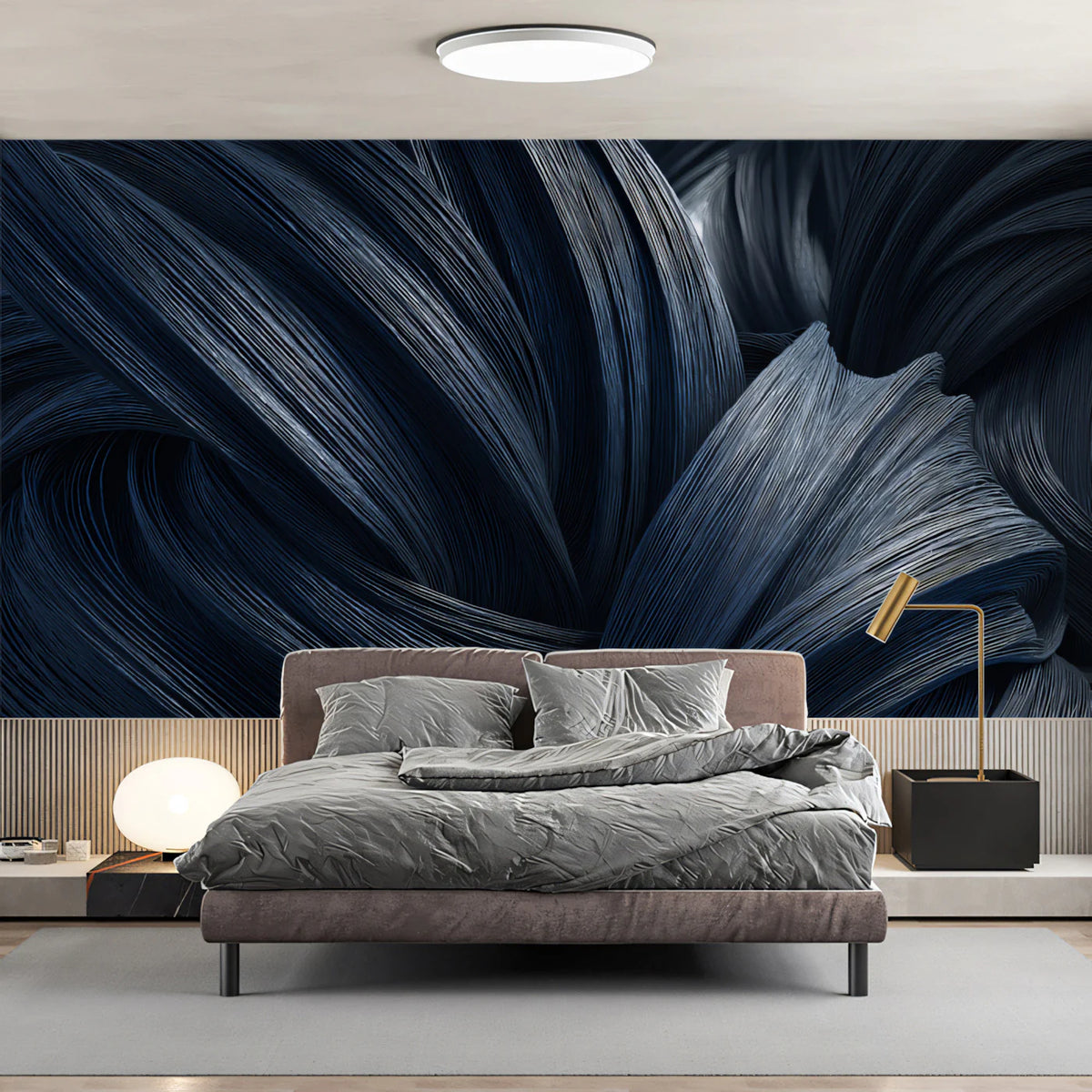 Indigo Fluid Ribbons Mural Wallpaper — Modern Sculptural Design Mural Wallpaper - room preview 02