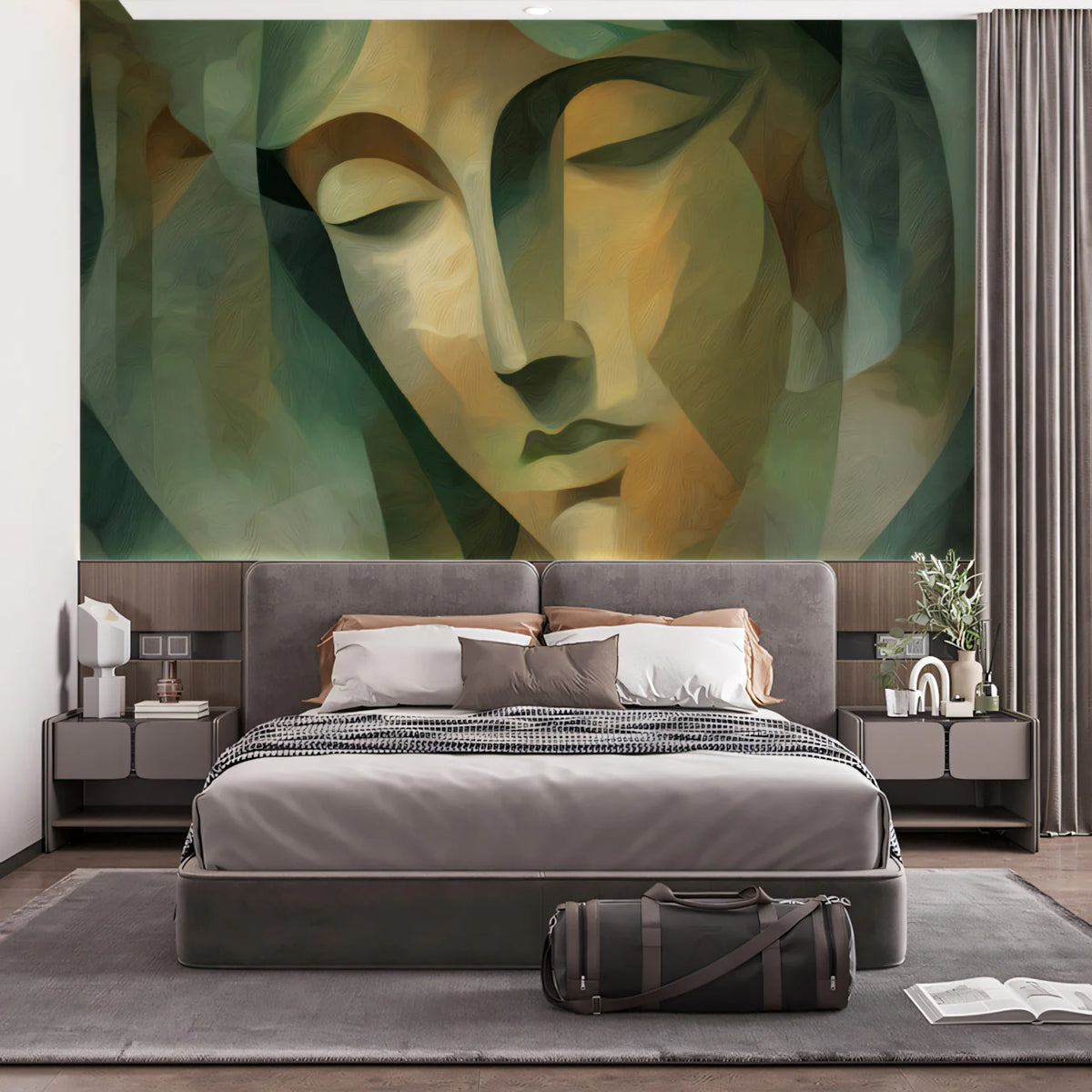 Cubist Portrait Mural Wallpaper — Artistic Green and Gold Mural Wallpaper - room preview 02