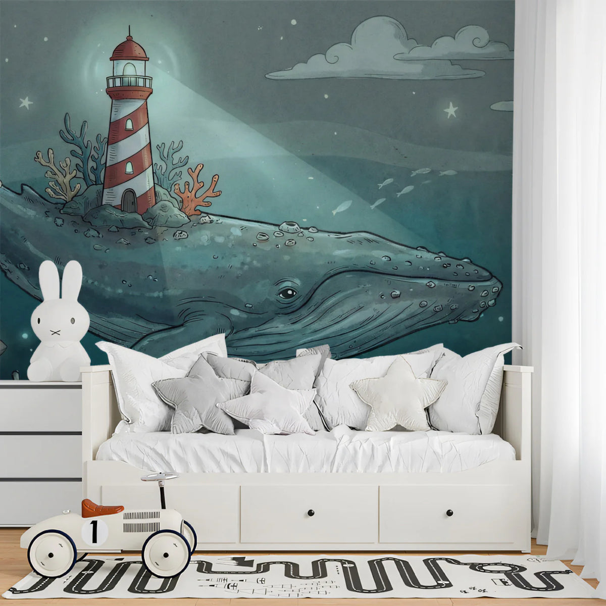 Whale and Lighthouse Ocean Dream Mural Wallpaper — Whimsical Night Mural Wallpaper - room preview 02