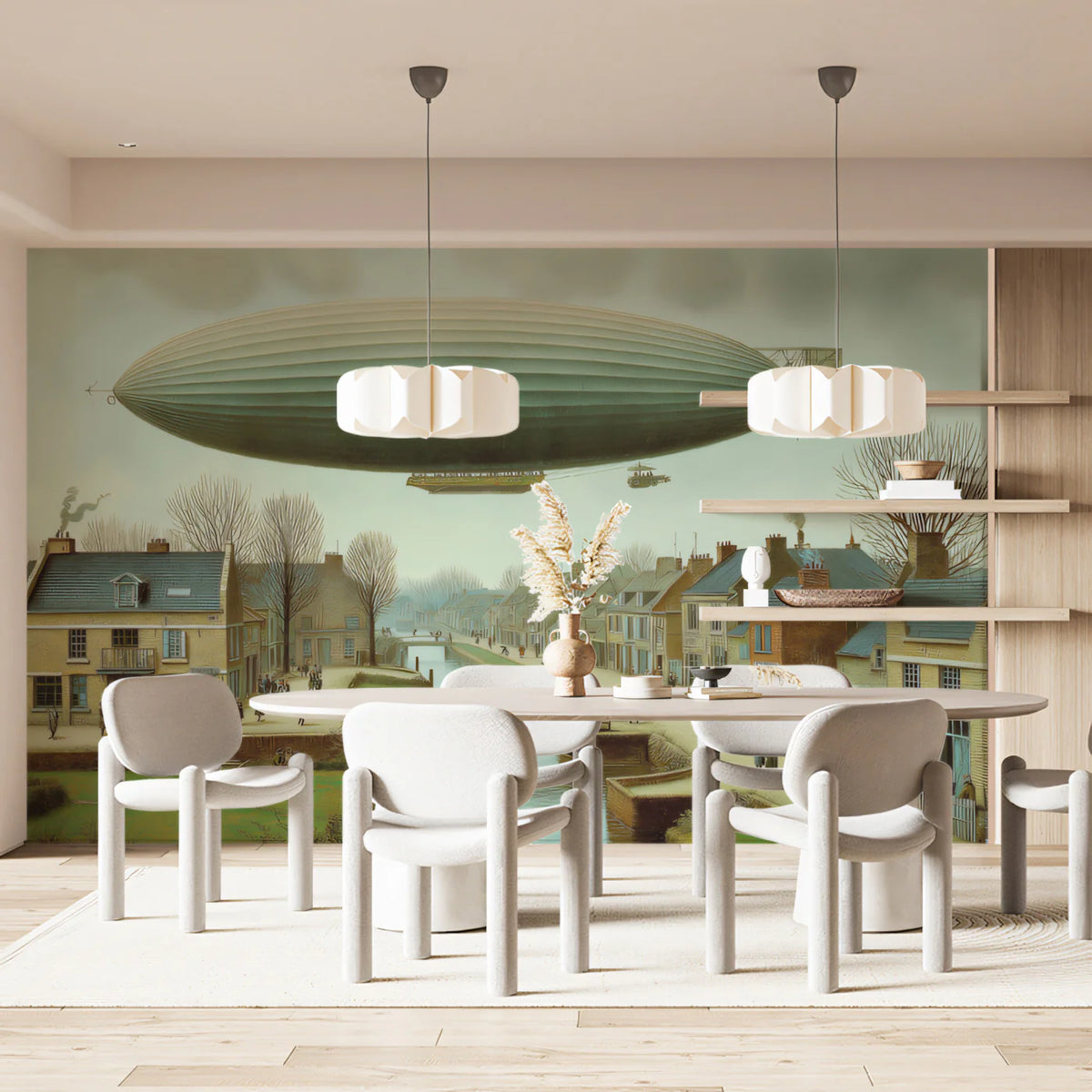 Vintage Airship Village Mural Wallpaper — Whimsical Canal Scene Mural Wallpaper - room preview 02