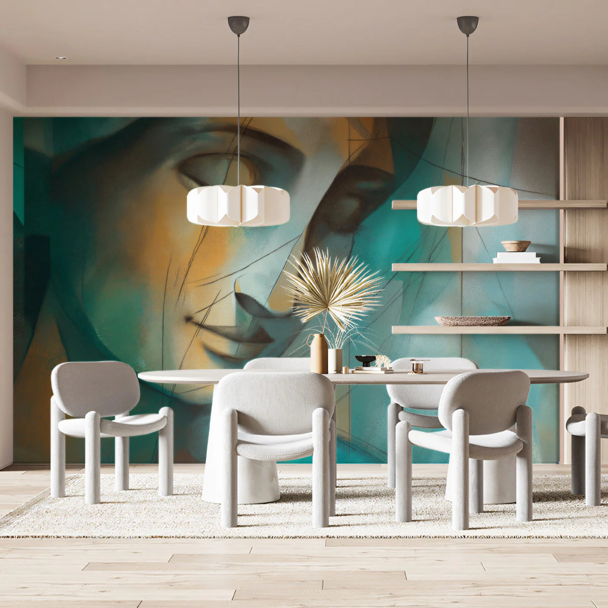 Abstract Cubist Portrait Mural Wallpaper in Teal and Ochre Mural Wallpaper - room preview 02