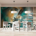 Abstract Cubist Portrait Mural Wallpaper in Teal and Ochre Mural Wallpaper - room preview 02